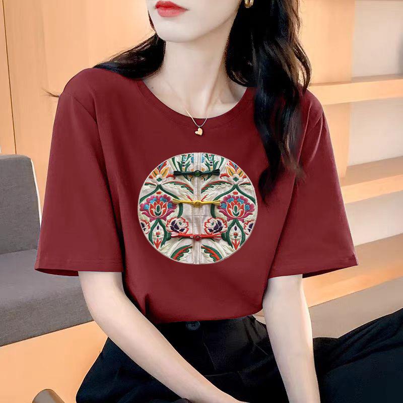 VEZFAA Women's Fashion Casual Summer Spring Flower Pattern Print Short Sleeve O-Neck Blouses & Shirts