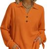 2025 European Fashion V-neck Button Waffle Knit Loose Pullover Long Sleeve Top