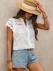 Women White Loose Hollow Out V Neck Short Sleeve Casual Shirt
