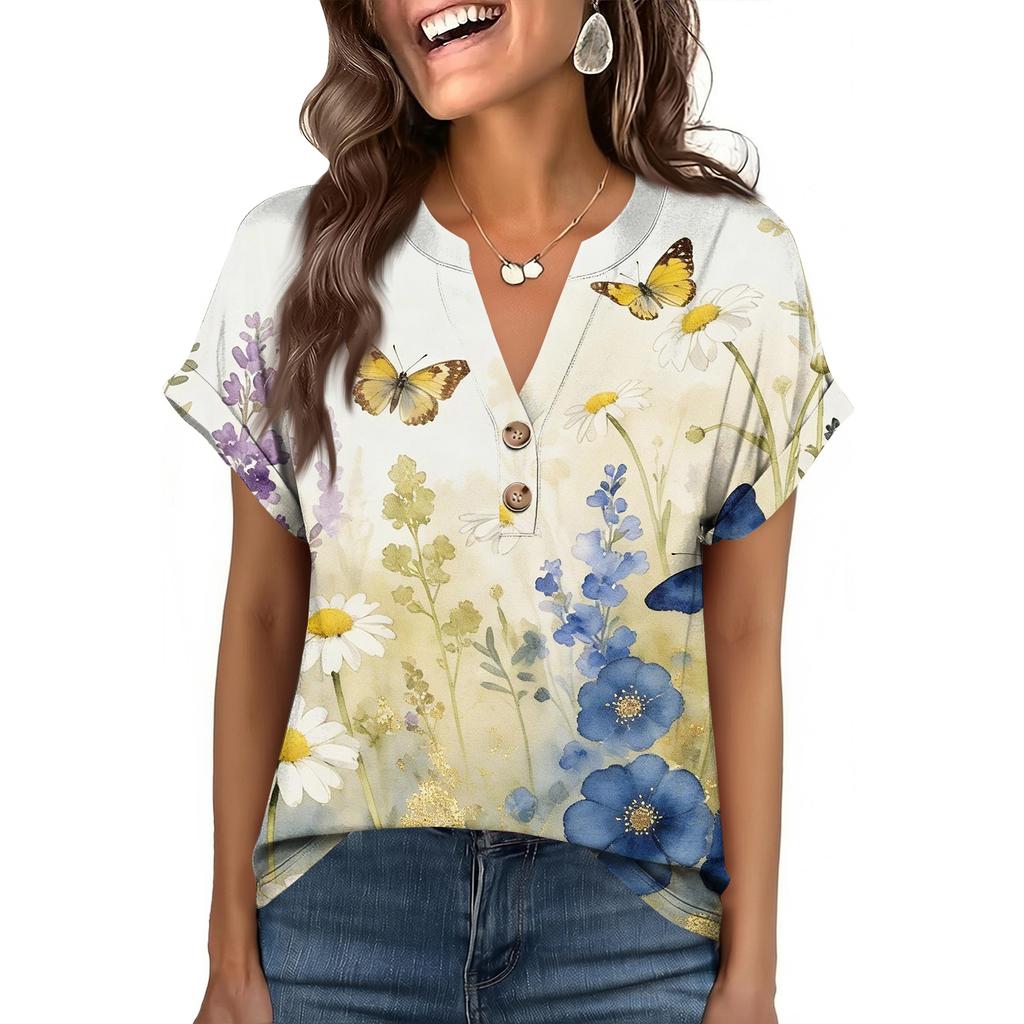 Women's Fashionable Casual Loose-Fit Short-Sleeved Button-Up V-Neck Printed T-Shirt Top