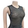 Damen Mode Einfarbige Netz-Ärmelloses Langes Kleid mit Heißbohr-Details