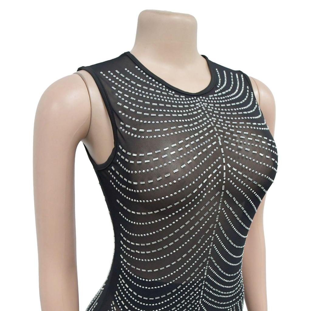 Damen Mode Einfarbige Netz-Ärmelloses Langes Kleid mit Heißbohr-Details