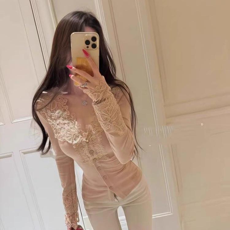 Autumn/Winter Elegant Patchwork Lace Long-Sleeve Slimming Top
