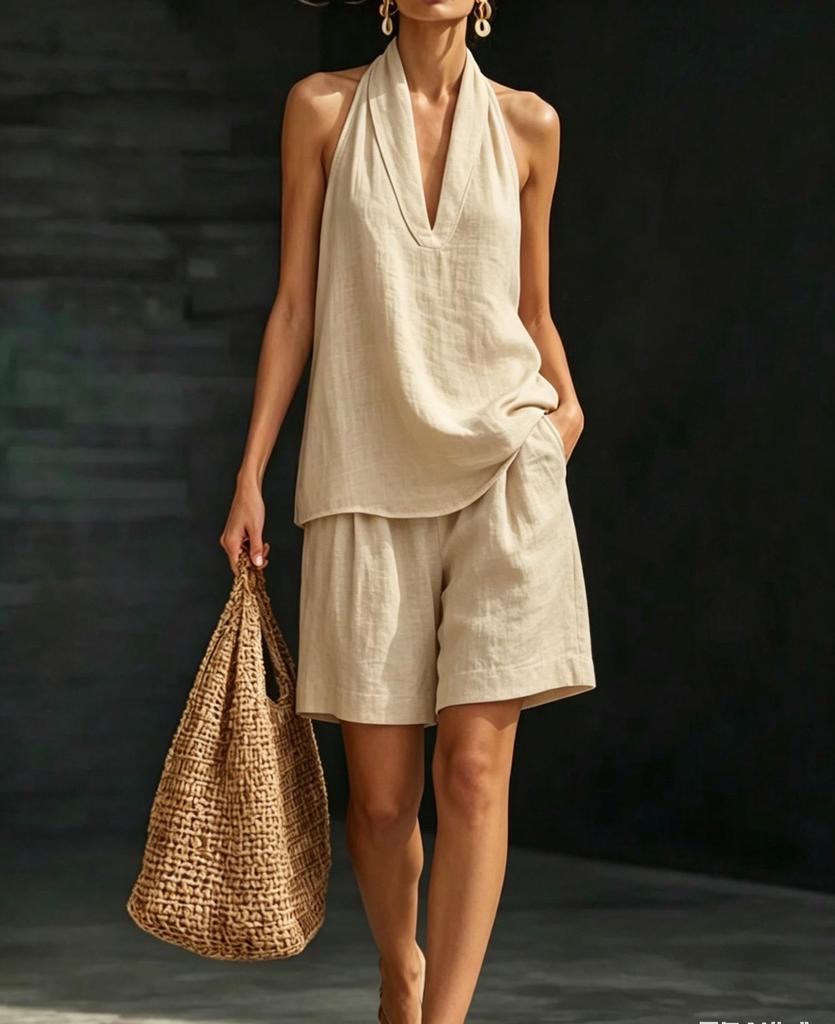 Vintage Style Women's Linen Suit: Loose V-Neck Top & Wide Leg Pants Two-Piece Set for Summer