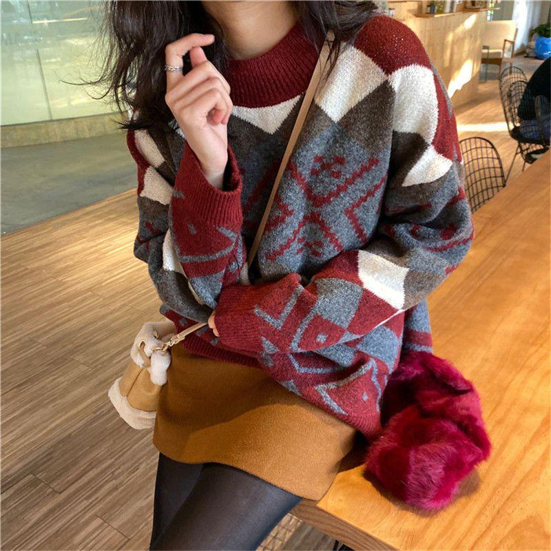 Half High Collar Women's Pullover Sweater Autumn and Winter Loose Diamond Grid Long Sleeved Knitted Sweater