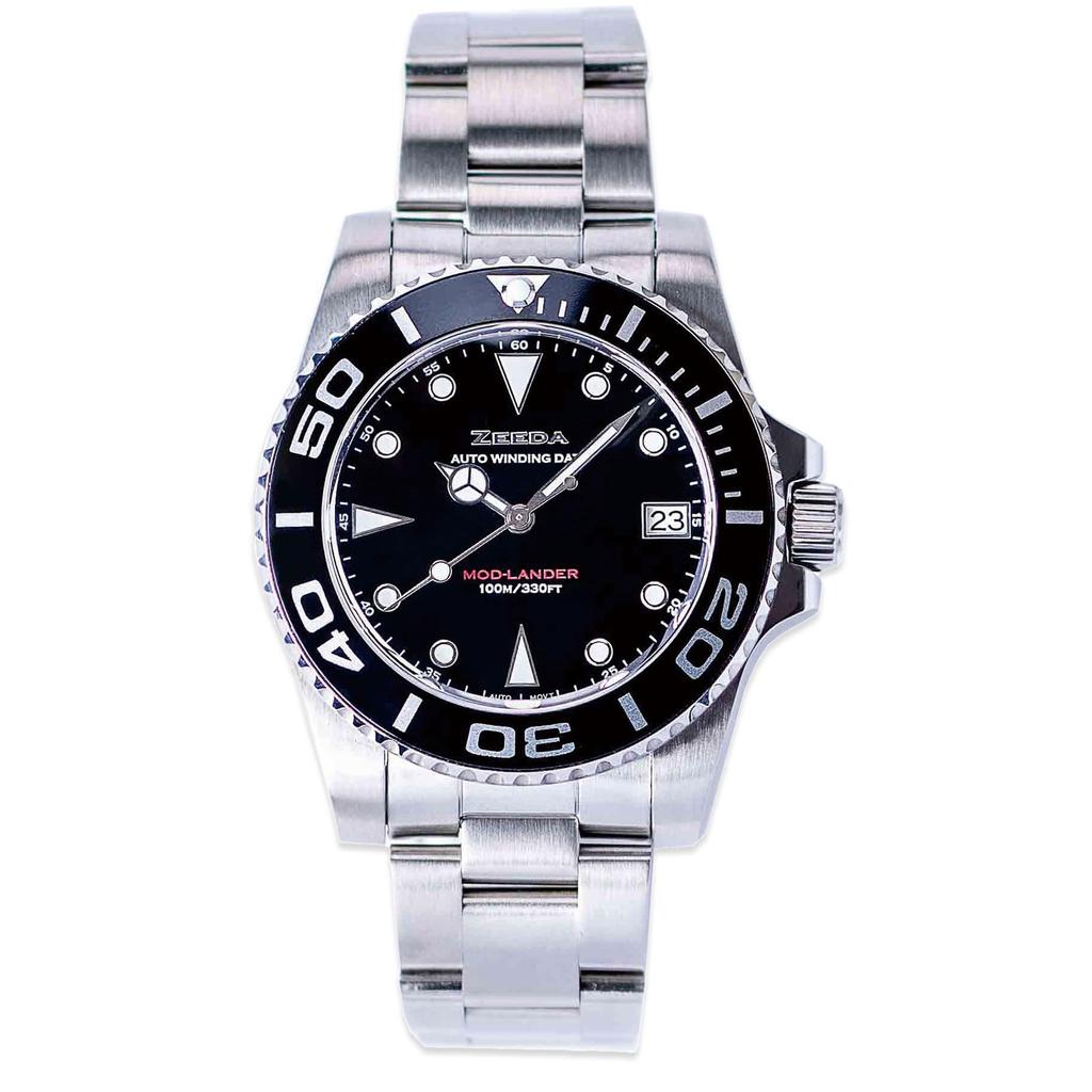 Zeeda Mod-Lander Men's Automatic Diver Watch, Stainless Steel 316L, Sapphire, Piano Black, 10 ATM