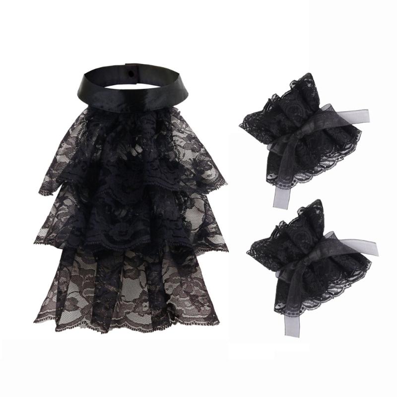 

Halloween Black Victorian Lace Jabot Collar and Cuffs Set Colonial Lace Collar Detachable Faux Sleeve Costume Accessory 1
