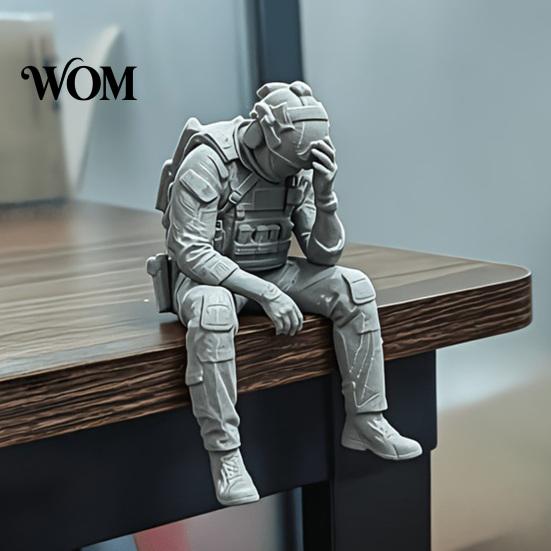 Tactical Equipment Sculpture 3D Printed Soldier Figurine Ornament, Sitting Statue, Desk Accessory Funny Tired for Table Shelf Edge Decor Miniature