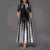 2025 New Women's Fashion Personalized Gradient Positioning Printed Round Neck Middle Sleeve Large Swing Dress