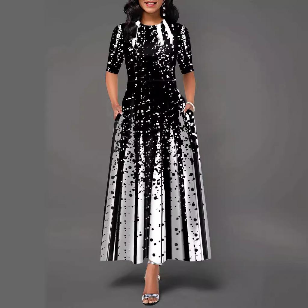 2025 New Women's Fashion Personalized Gradient Positioning Printed Round Neck Middle Sleeve Large Swing Dress