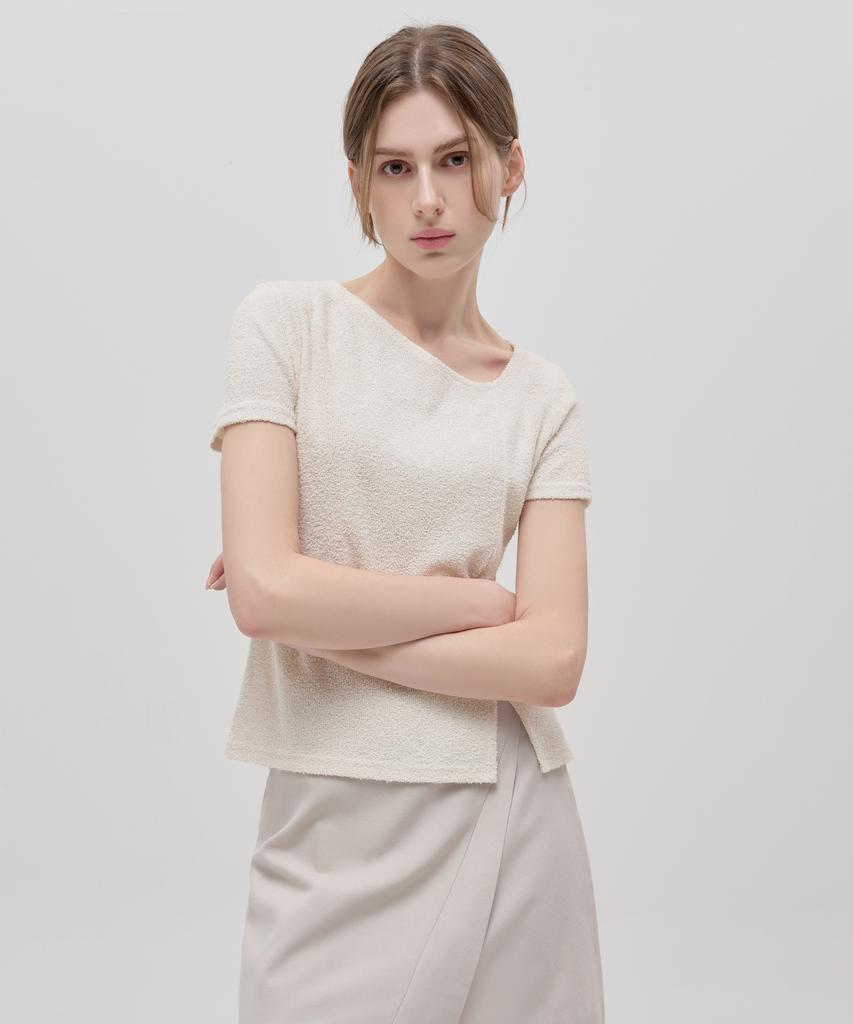 HYEYEONG KIM Boucle Asymmetrical Neck Short Sleeve Blouse - Ivory