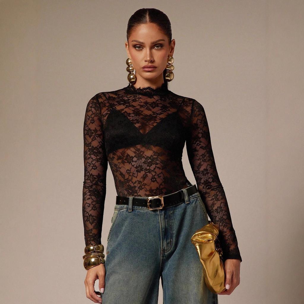 Ladies Spring Autumn Long Sleeve Stand Collar Lace Bodycon Romper T Shirt Top