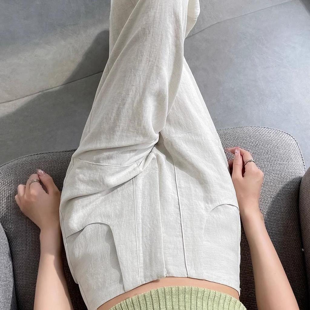 Women's High-Waist Tencel Cotton Linen Wide-Leg Pants - Summer Thin, Floor-Length, Straight Casual Design