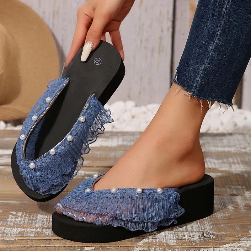

Fashion Fashion Mesh Platform Flip Flops for Women Summer Beach Clip Toe Thick Bottom Slippers Woman Lightweight Pearls Decor Slides 42 42 темно-синий