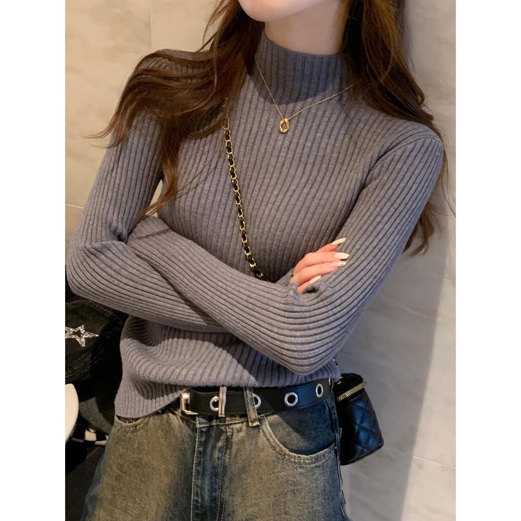 Half Height Collar Vertical Striped Sweater Base Shirt, Women's Spring and Autumn Long Sleeved Top, Inner Knit Sweater