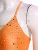 Womens Figure Skating Sling Bodysuit Sparkle Rhinestone Ruched Irregular Mesh Overlay Color Block Leotard