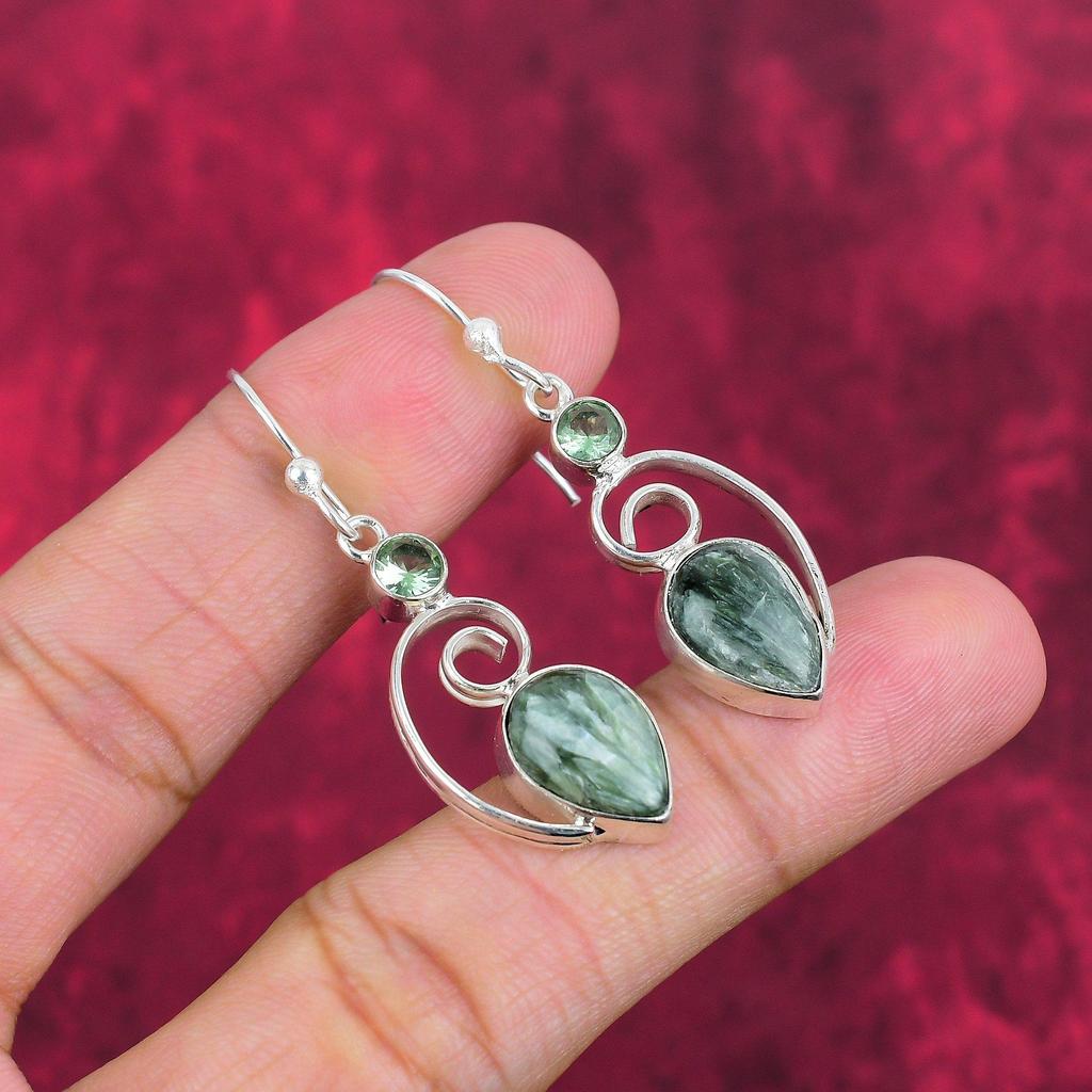 Seraphinit, Grüne Amethyst Ohrringe Edelsteinschmuck, 925 Sterlingsilber massiv handgefertigte Ohrringe, Schmuck im neuesten Design