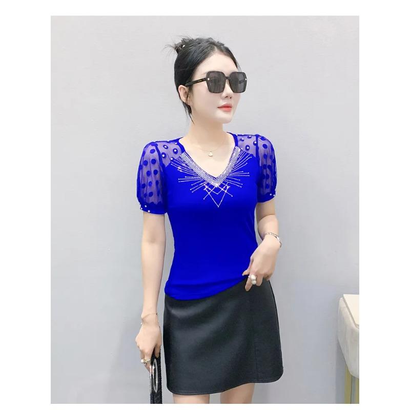 Summer V Neck Short Sleeved Women's T Shirt Fashion Sexy Diamond Mesh Tees Lace