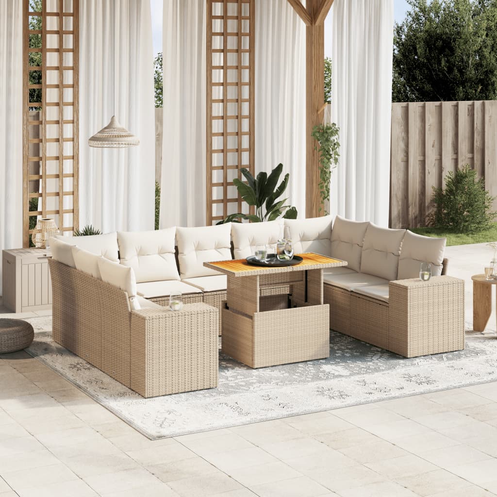 10 Piece Garden Sofa Set with Cushions Beige Poly Rattan