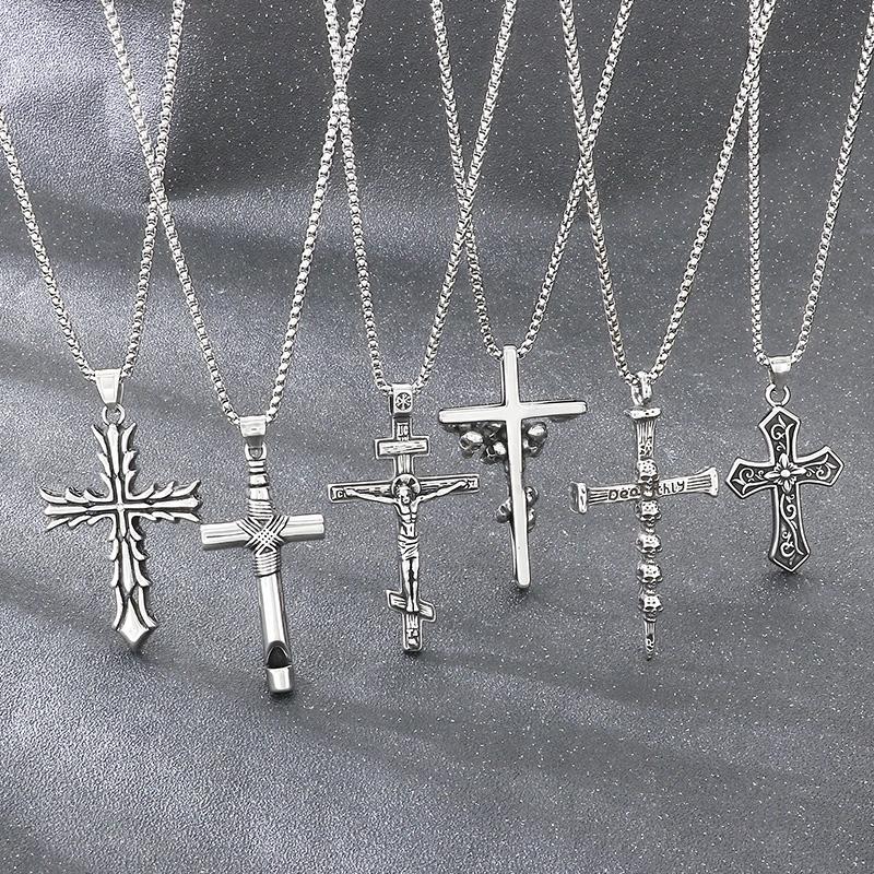 Stainless Steel Cross Pendant Necklace for Men Vintage Jesus Crucifix Carved Cross Necklaces Gothic Punk Religious Jewelry Gift