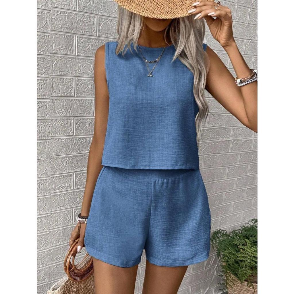 Women'S Solid Color Sleeveless Top and Shorts Set - Casual, Button-Up, Round Neck, All-Season, Casual Attire|Sleeveless Top|Buttonup Shorts