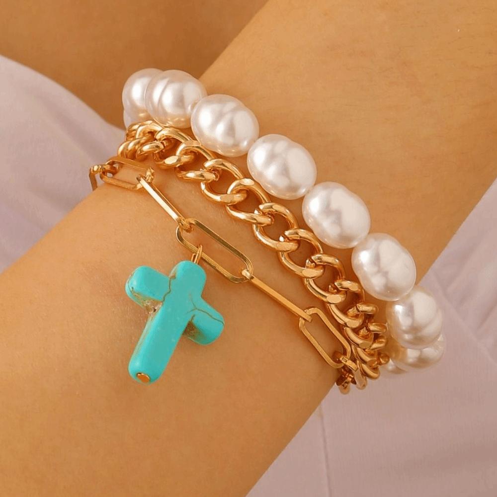 Pearl Multilayer Turquoise Wristband Beads Bohemian Style Hand Chain Turquoise Bracelet Set  Beach