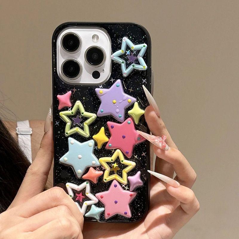 Glitter Bling 3D Dopamine Stars Protection Case For iPhone 16 15 14 13 Plus 12 Pro Max 11 Lovely Epoxy Transparent Acrylic Cover