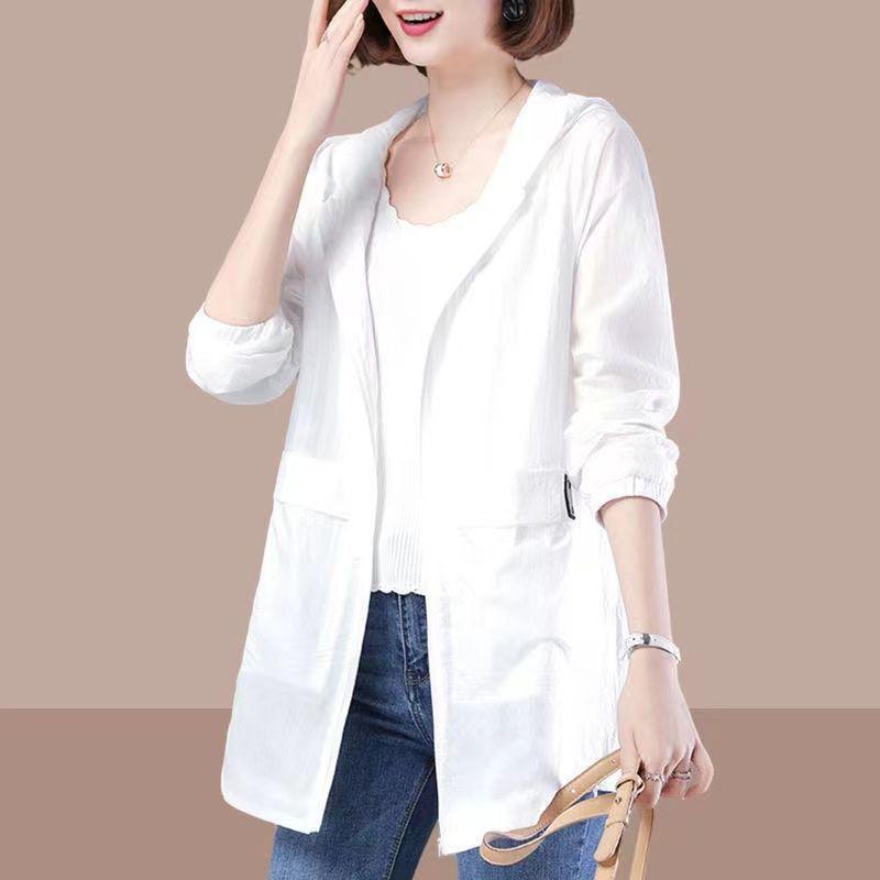 Women's Long Plus Size Hooded UV Resistant Jacket with Pockets