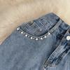 Denim Skirt Women's Summer High-Waisted Mid-Length Cover The Crotch To Show Thin Beaded Split A-Line Hip Skirt