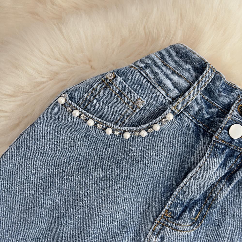 Denim Skirt Women's Summer High-Waisted Mid-Length Cover The Crotch To Show Thin Beaded Split A-Line Hip Skirt