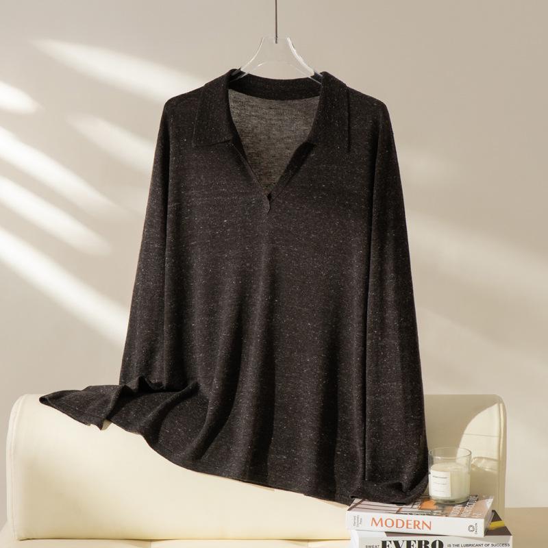 

2025 Ранняя осень Женский повседневный трикотажный топ с лацканами - Мягкая льняная смесь с мериносовой шерстью One Size