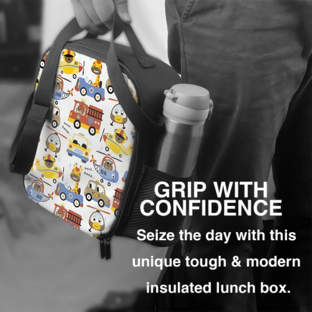 Cute Animals On Vehicles Insulated Thermal Lunch Bags for Boys Girls Washable Lunch Container Food Carrier for School Travel