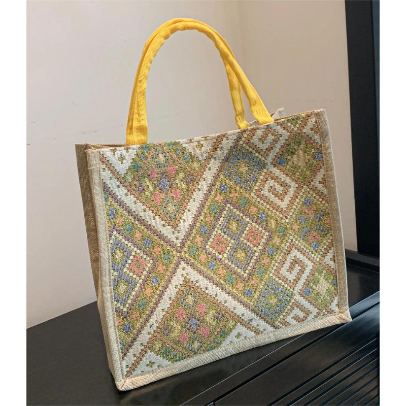 Women Ethnic Linen Tote Bag Retro Geometric Pattern Eco-Friendly Shopping Bag Commuter Organizer