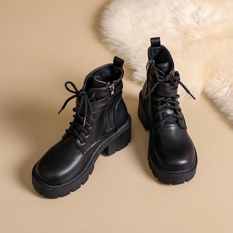 Dam-Martin-kängor med tjock sula och rund tå, tunna sammetskorta stövlar med bältesspänne, 2025 höst och vinter, ny sidodragkedja, utrikeshandel, stor storlek, läder