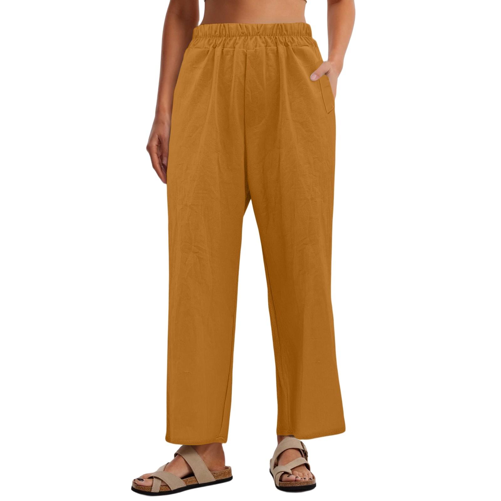 

Women s Casual Loose Solid Color Cotton And Linen Cropped Pants L помаранчевий