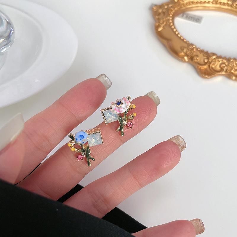 French Style Colored Enamel Glaze Flower Stud Earrings Simple Personality Special-Interest Earrings
