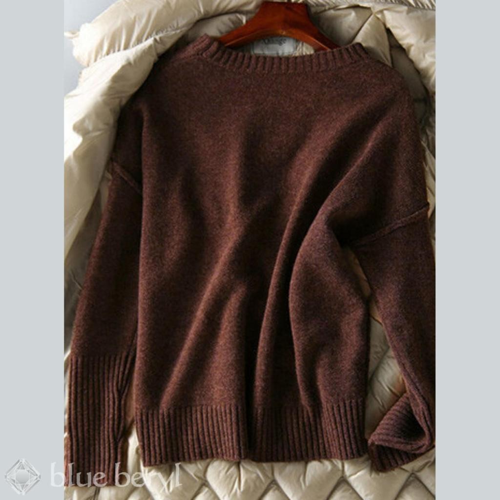 Blue Beryl Knit Pullover Long Round Women's Set, Midi-Length, I-Line, Sleeves, Neck, Brown, BB026-BR-M