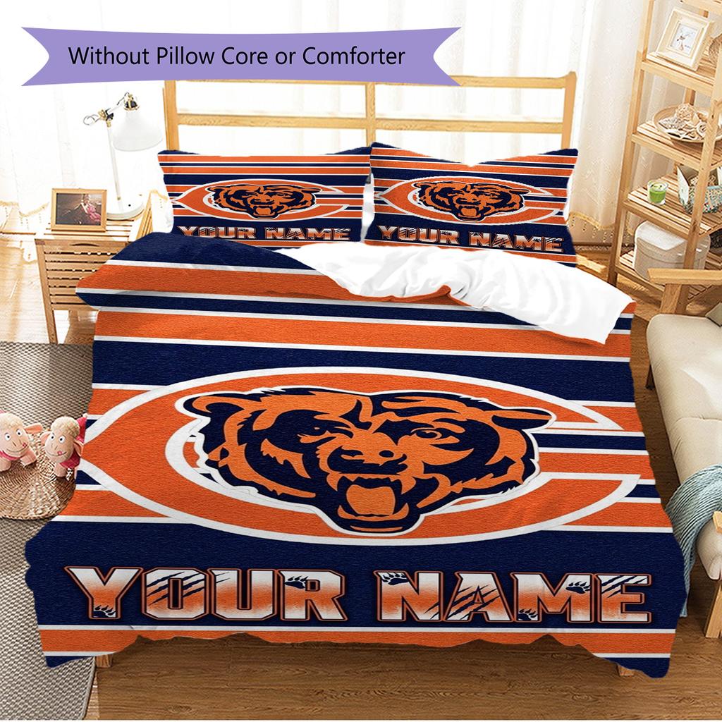 Name Custom Chicago Bears Logo Pattern Bedding Set Quilt Cover Pillowcase Home Decor Gift (1 * Duvet Cover + 2 * Pillowcase, Without Core)