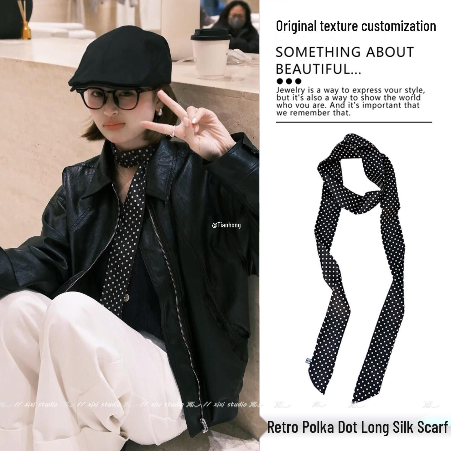 

Women s Versatile Black & White Polka Dot Skinny Scarf Yellow Coffee Leopard Print Narrow Silk Scarf
