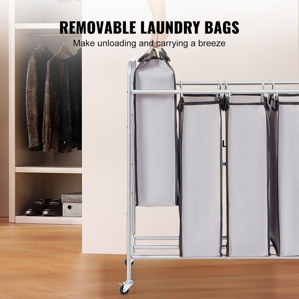 Laundry Sorter Cart 4 Section, Laundry Hamper with Heavy Duty Lockable Wheels and 4 Removable Bags, Rolling Laundry Basket Sorter for Clothes Storage