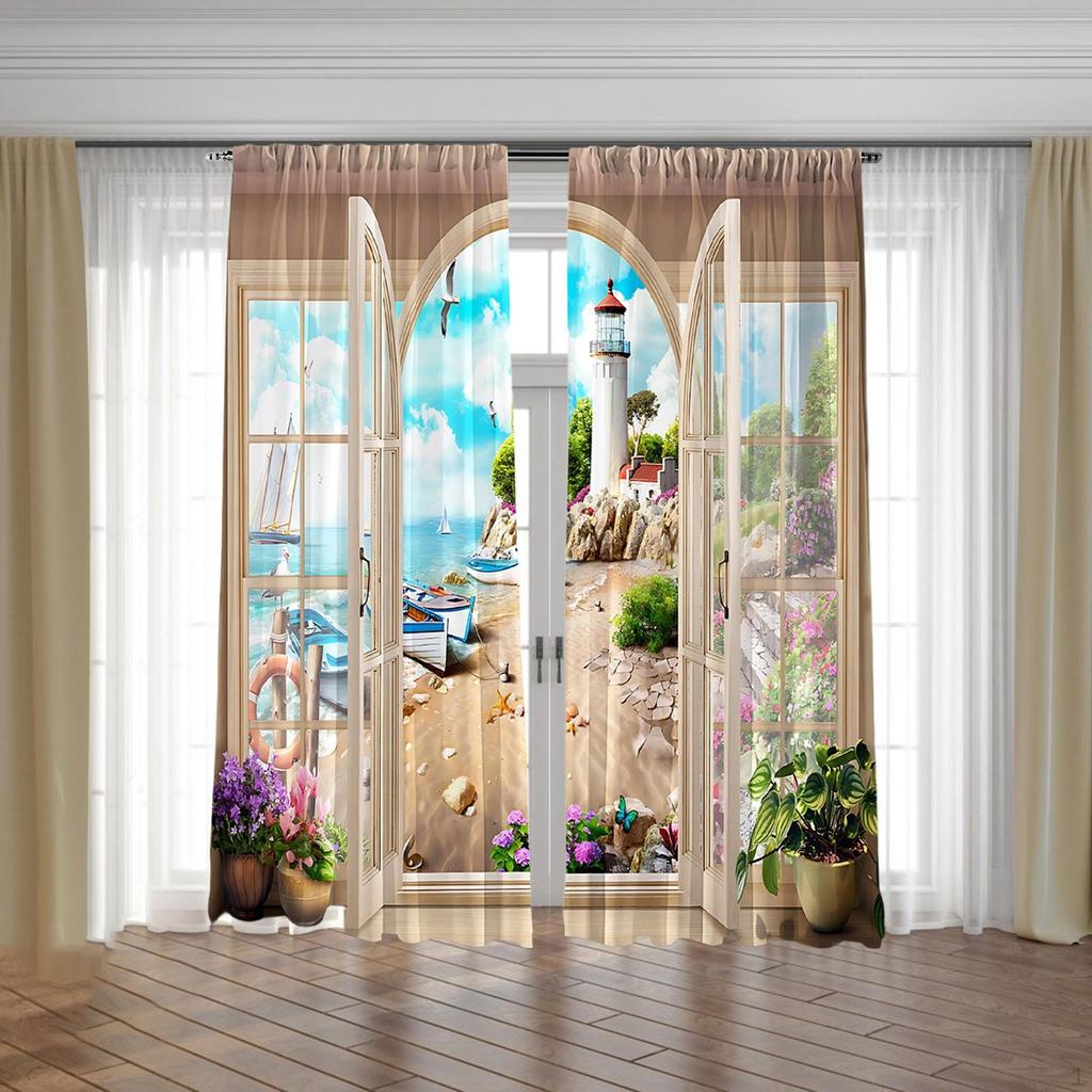 Beach Digital Printing Blackout Curtains Drapes Polyester Fiber Thermal Insulated Curtain Modern