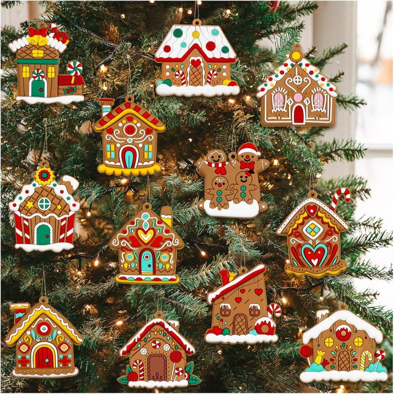 12pcs Gingerbread House Christmas Tree Ornaments, Festive Holiday Home Decorations, Cute Xmas Hanging Accessories for Celebratio