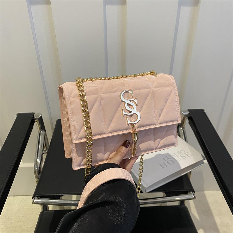 Summer Chain Simple Embroidery Thread Solid Color Trendy Casual Retro New One-shoulder Crossbody Small Square Bag for Women