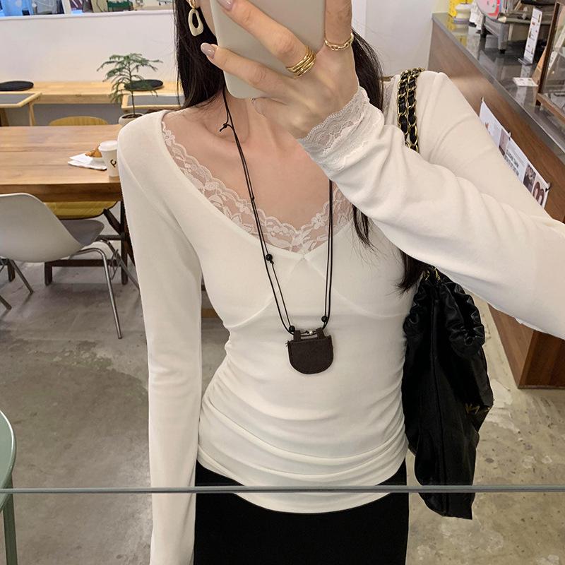 

2024 New Women s Slim Lace-Spliced Long-Sleeve T-Shirt Medium білий