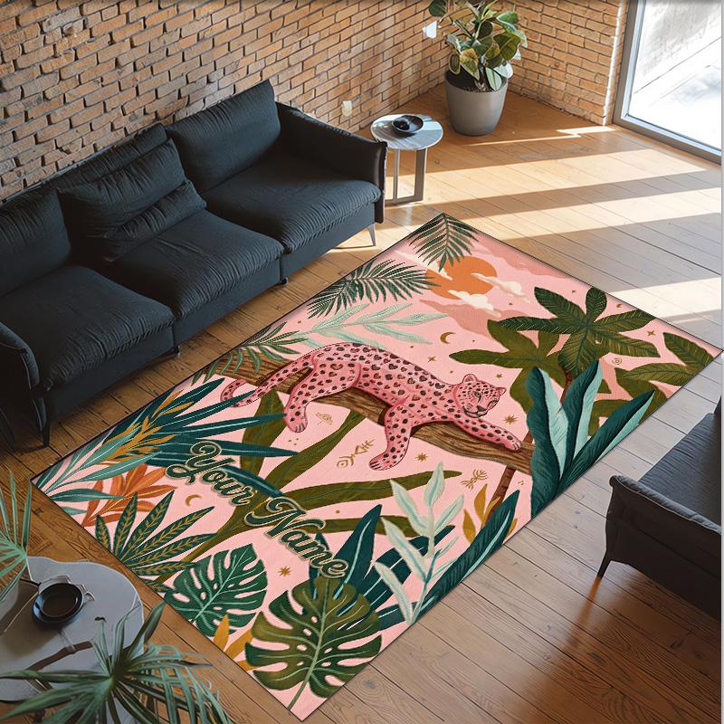 Leopard Theme Crystal Velvet Floor Rug Personalized Custom Name Text Warm Carpet Home Decoration