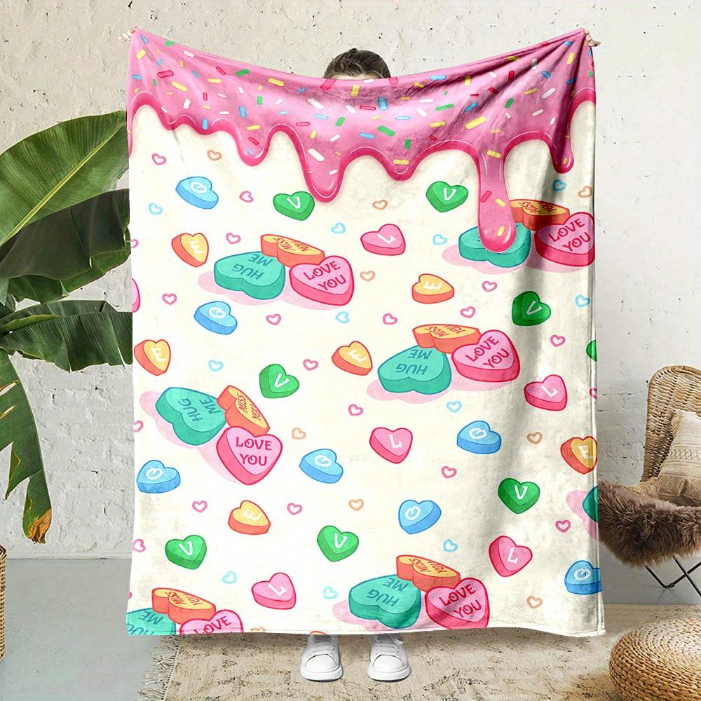

Pink Heart Donut Flannel Throw Blanket Soft Reversible All Season Home Office Travel Gift 75x90cm