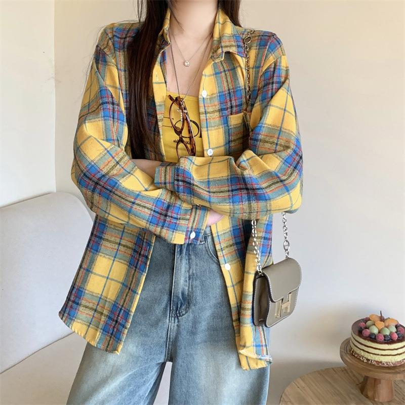 1116 New Spring and Autumn Design Plaid Shirt Jacket Women's New Loose Casual Meat Cover Medium and Long Shirt