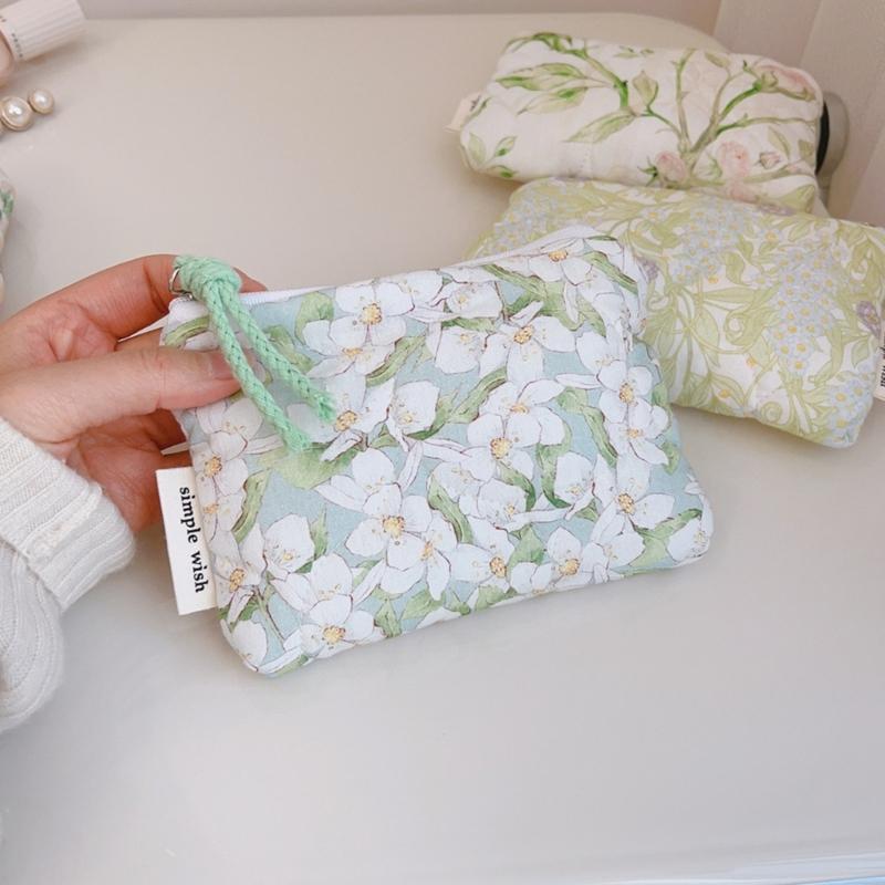 Elegant Flower Print Cosmetic Pouches Compact Cotton Storage Bag Makeup Bag For Lipstick And Essential