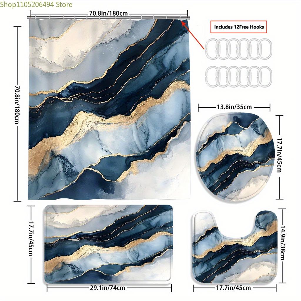 1pc/4pcs Multi-Color Marble, Multi-Color Background Pattern Shower Curtain, Modern Personality Bathroom Decoration, Fabric Sho