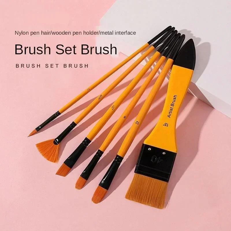 6pcs/Set Wooden Brush Holder Oil Brush Watercolor Supplies Nylon Hair Mixing Head Acrylic Paint Scrubbing Tool
